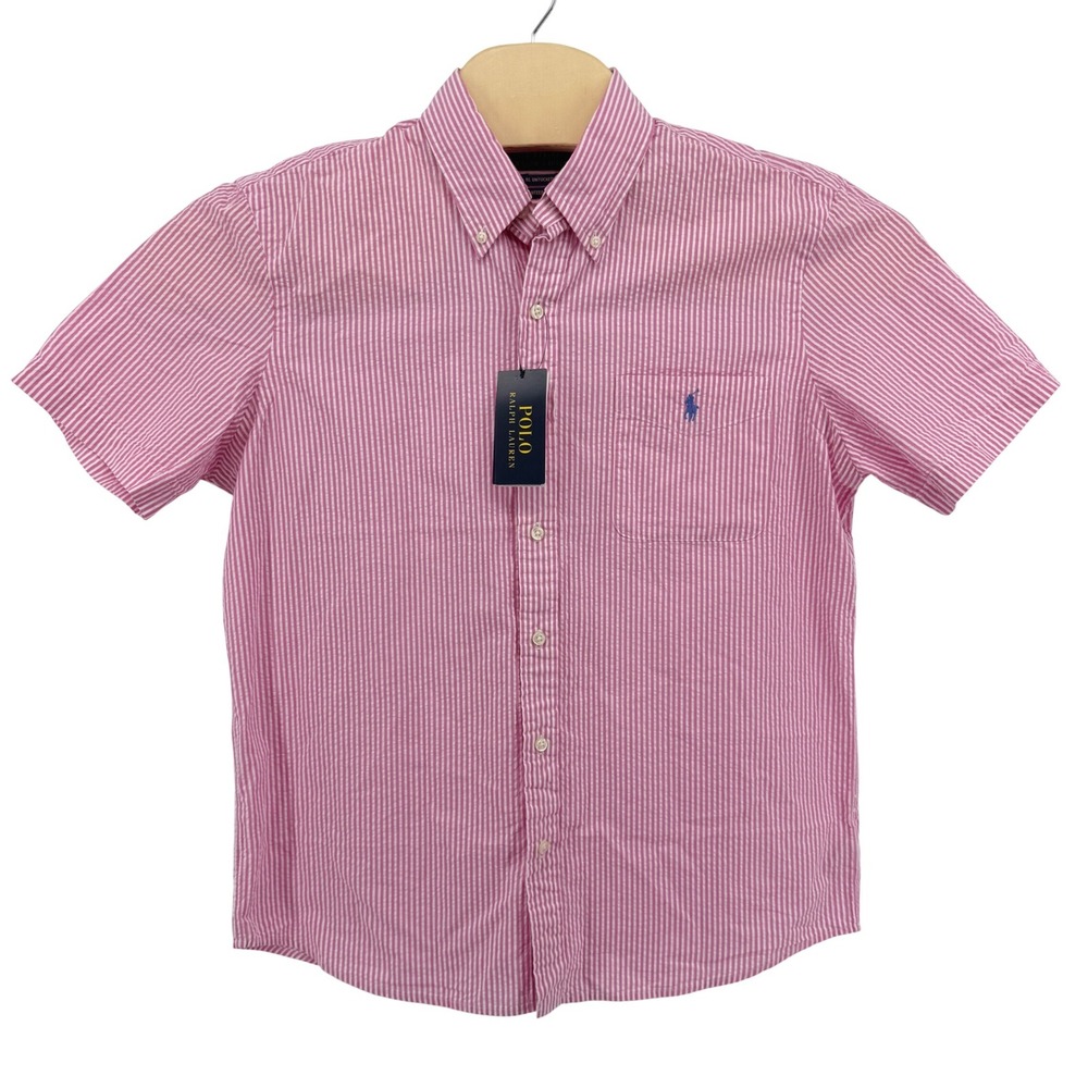 NEW Polo Ralph Lauren Button Down Mens Medium Pink Striped Seersucker Untucked